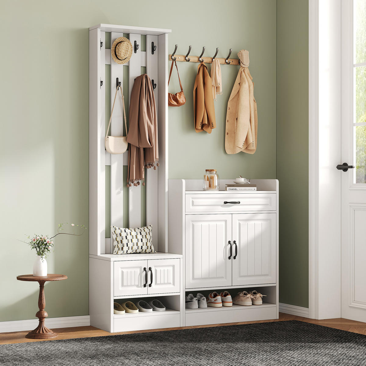 GARDEROBEN-SET in Weiß mit Schuhbank und Schublade für Eingangsbereich und Flur, B125/T36/H190 cm - Weiß, Holzwerkstoff (125/190/36cm) - STILVORA