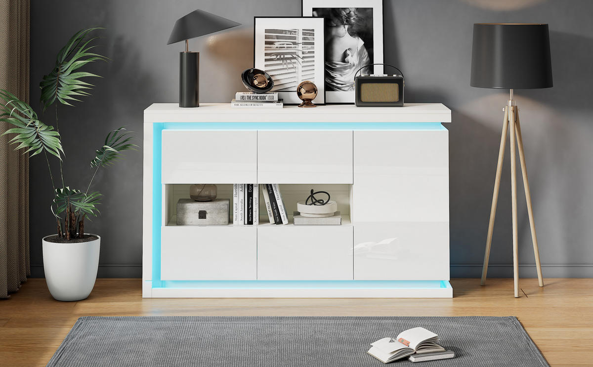 SIDEBOARD 140/40/84 cm, weißer Hochglanz-Vorderteil, 3 Türen mit 2 Gehärtet-Glas-Fronten und fernbedienbarer LED-Beleuchtung, Weiß - Weiß, Holzwerkstoff (140/84/40cm) - Redom