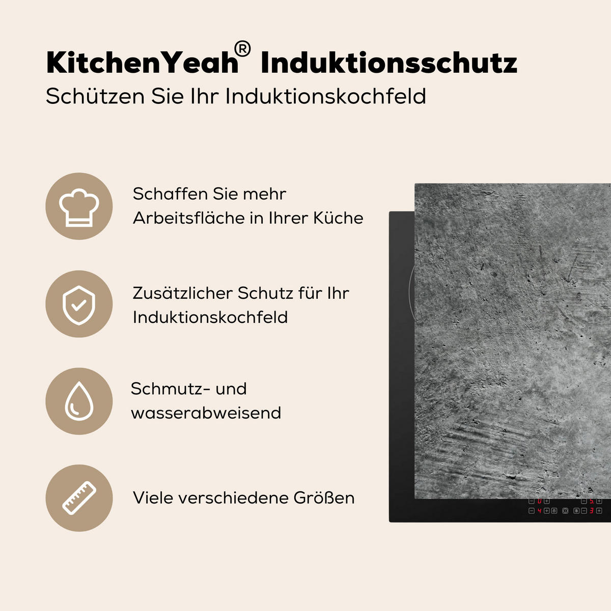 HERDABDECKPLATTE Beton - Schiefer - Grau -Betonstruktur Ceranfeldabdeckung 90x52 cm - Grau, Kunststoff (90/52/0.2cm) - MuchoWow