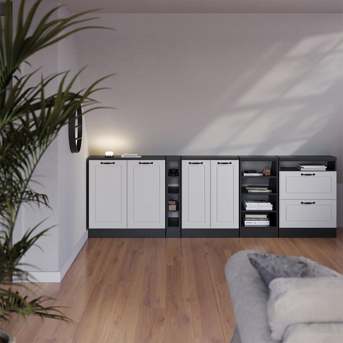 KÜCHENSCHRANK FÜR DACHSCHRÄGEN R-Line Weiß Landhaus 80 cm mit 2 Türen, Schrankkorpus 60 cm Tiefe - Anthrazit/Weiß, Holzwerkstoff (80/83.8/60cm) - Vicco