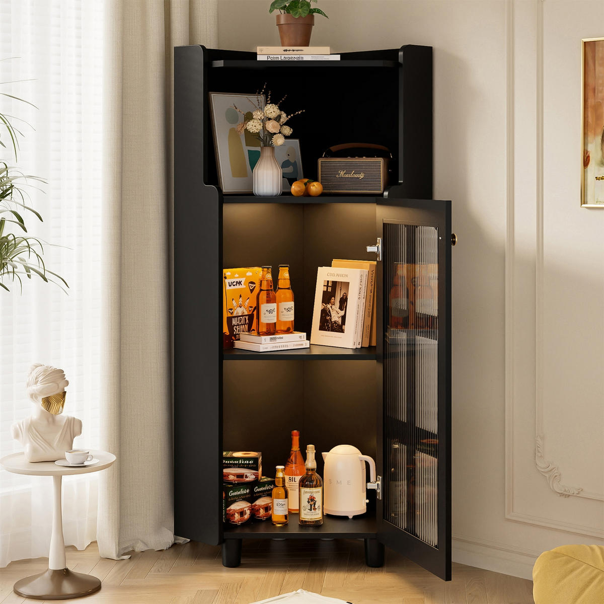 KÜCHENSCHRANK MIT LED 63,5/124/63,5 cm, MDF, Schwarz, APP-GESTEUERTE BELEUCHTUNG, platzsparende Eckkommode für Badezimmer - Schwarz, Holzwerkstoff (63.5/124/63.5cm) - Rolipo