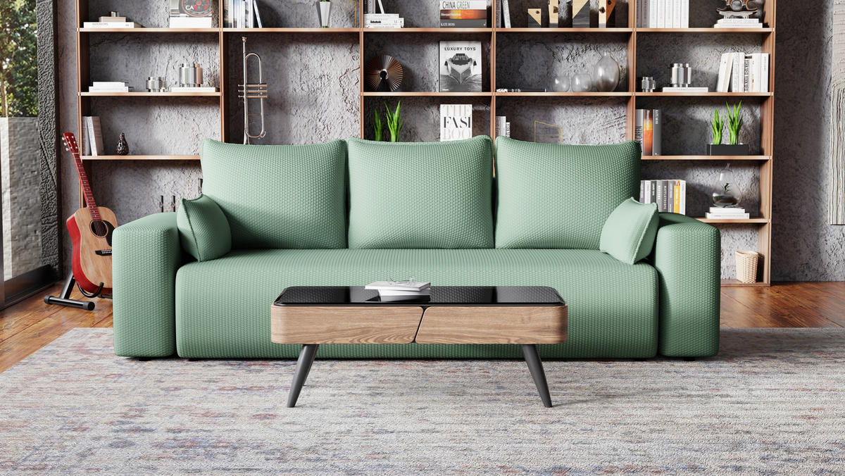 SOFA Bubi mit Bettkasten und Schlaffunktion, Cordstoff - Mintgrün, Holzwerkstoff (242/85/95cm)