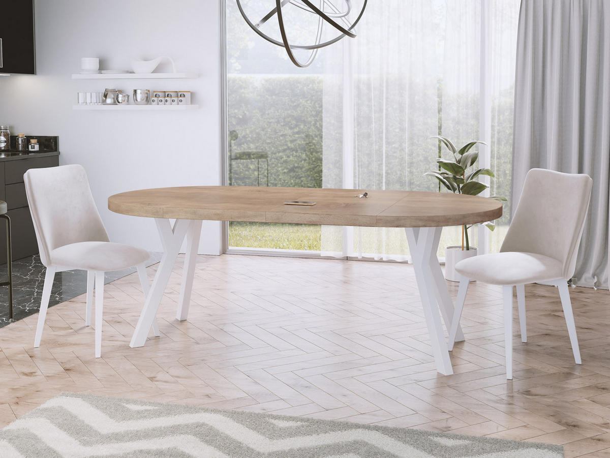 ESSTISCH Twixy runder ausziehbarer, Sonoma Eiche 90-170/90/76 cm - Weiß/Sonoma Eiche, Holz/Holzwerkstoff (90/90/76cm) - WFL GROUP