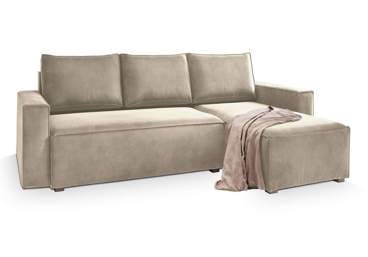 ECKSOFA SILES Creme Velours-Stoff mit Schlaffunktion - Creme, Holz (230/140cm) - MASSENO