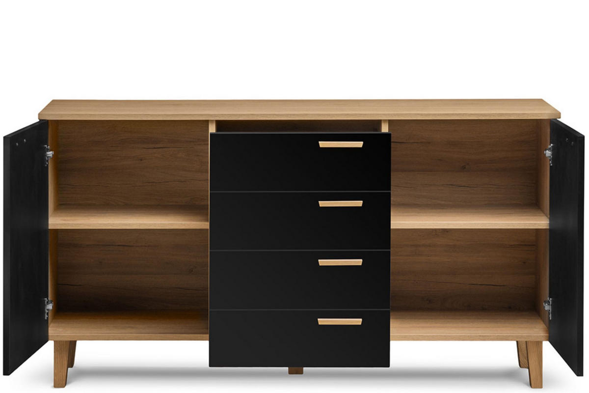KOMBIKOMMODE FRISK 2 Türen und 4 Schubladen, schwarz - Eichefarben/Schwarz, Eichenholz/Holzwerkstoff (150/81/46cm) - KONSIMO®