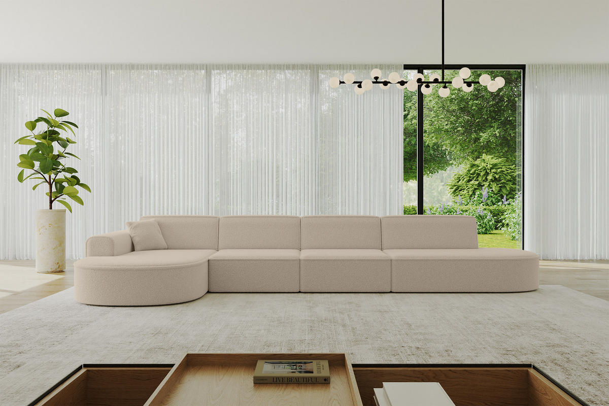ECKSOFA Ottomane Links MARI-L3 - 413x171x79 cm Dunkelbeige Bouclé - Hellbraun/Schwarz, Holzwerkstoff/Kunststoff (413/171cm) - ALTDECOR