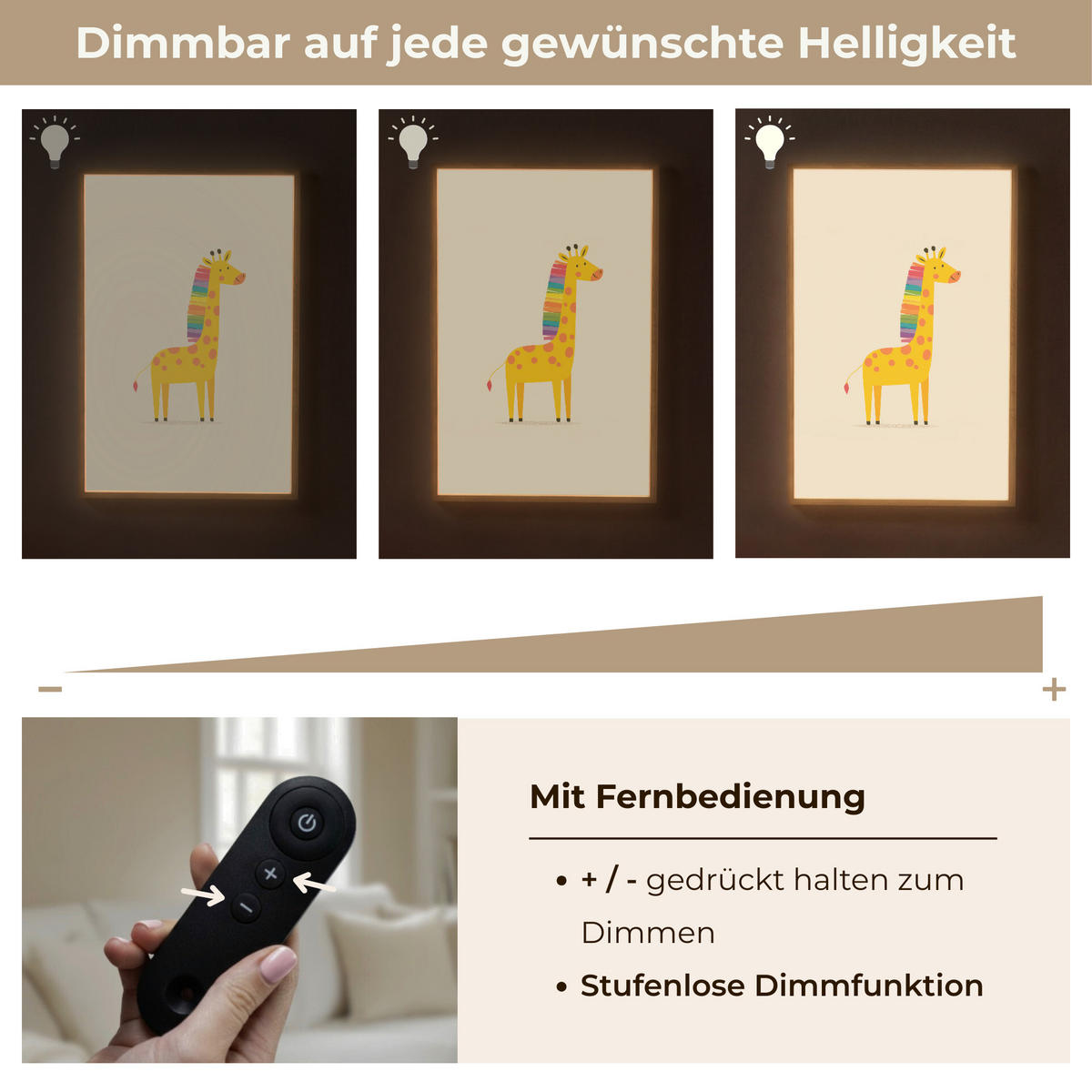 NÁSTĚNNÁ LAMPA S AKUMULÁTOREM Žirafa - Duhová hříva - béžová 70x100 cm - béžová, kompozitní dřevo (70/100/8cm) - OnlyWow