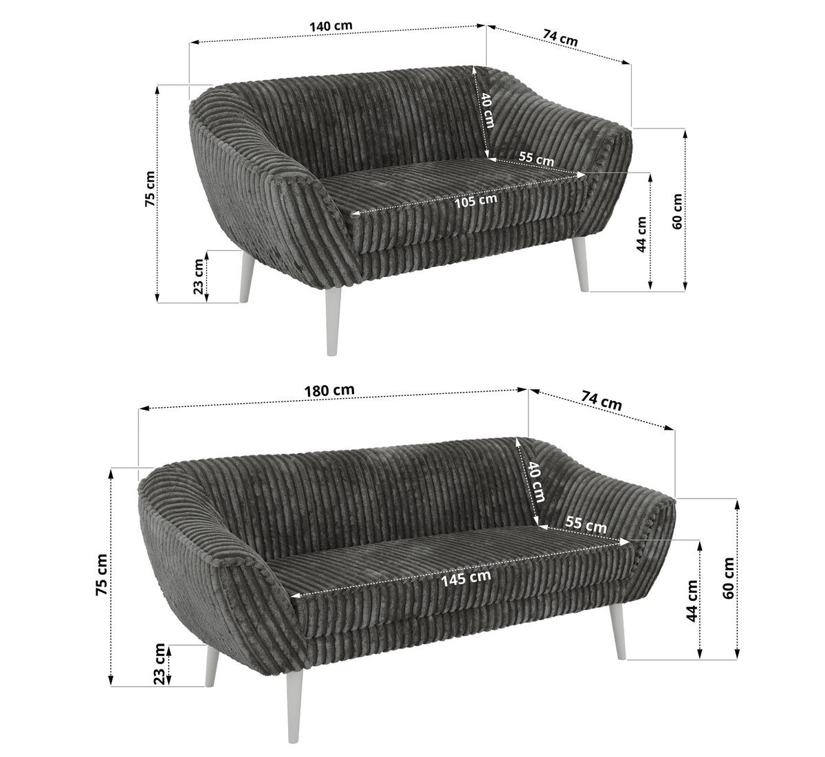 SEDACÍ SOUPRAVA 3+2 PIRS - Šedá Manšestr - Bílé nohy - šedá/bílá, kompozitní dřevo/textil (180/75/74cm) - MKS