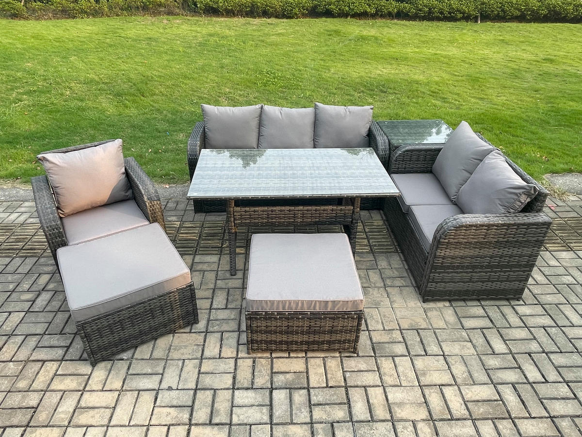 GARTENTISCHGRUPPE mit Liegestuhl,2 Hocker,Beistelltisch Polyrattan 8-Sitzer - Dunkelgrau/Grau, Glas/Kunststoff - Fimous