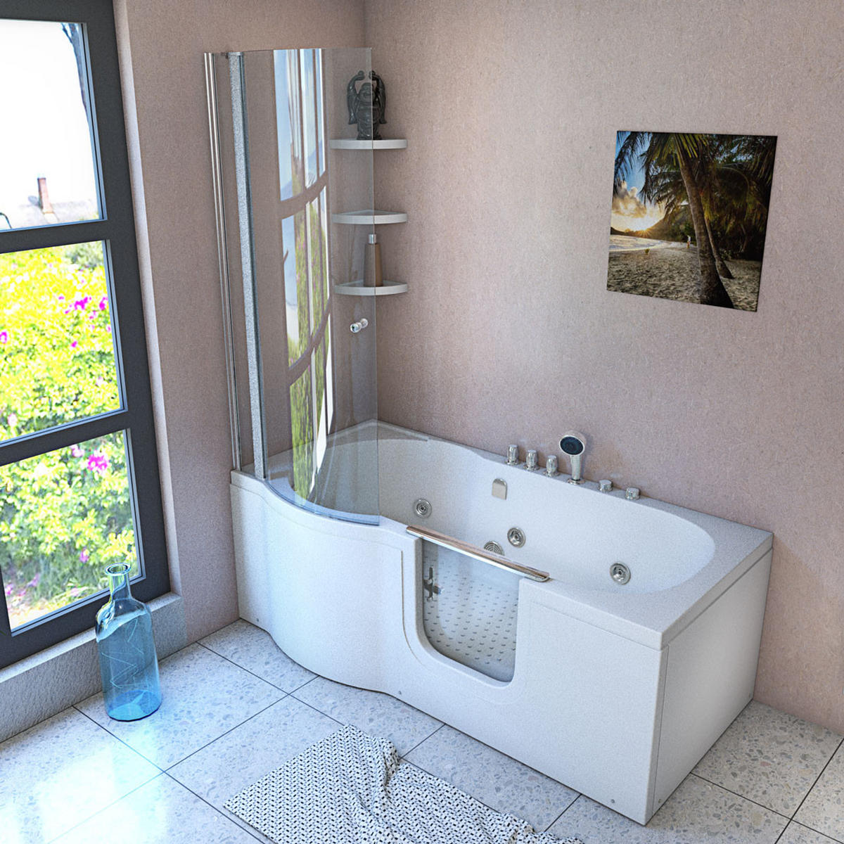 SENIORENDUSCHE Whirlpool mit Tür S12D-TH-WP-R-EC - Weiß, Glas/Kunststoff (170/200/85cm) - AcquaVapore by Sandra Jentho