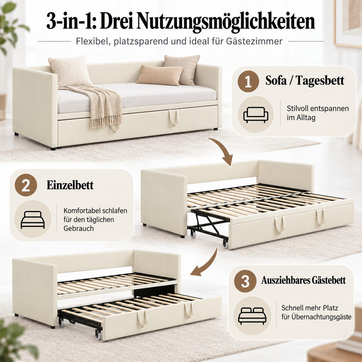 SCHLAFSOFA Samt creme ausziehbar mit Gästebett Funktion 3-fach umwandelbar Tagesbett mit Rollen - Beige, Metall (183/74/213cm) - Joyfair