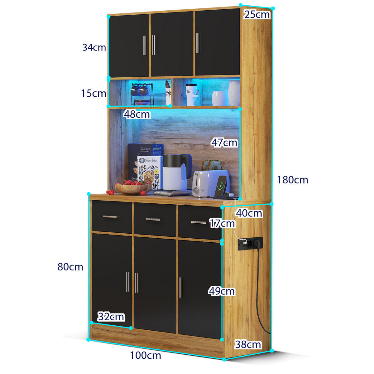 BUFFETSCHRANK aus MDF in Natur/Schwarz mit LED, Steckdosenleiste und Schubladen, 100/40/180 cm, Natur/Schwarz - Naturfarben, Holzwerkstoff (40/180/100cm) - Redom