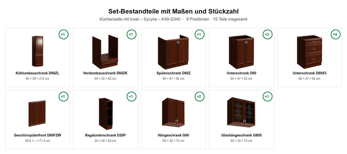 INSELKÜCHE Sycylia Milano Walnuss – 340 cm + Insel 180 cm – K49-G340 - Silberfarben/Nussbaumfarben, Holzwerkstoff/Metall (340/212/60cm) - ROYAL24_MARKT