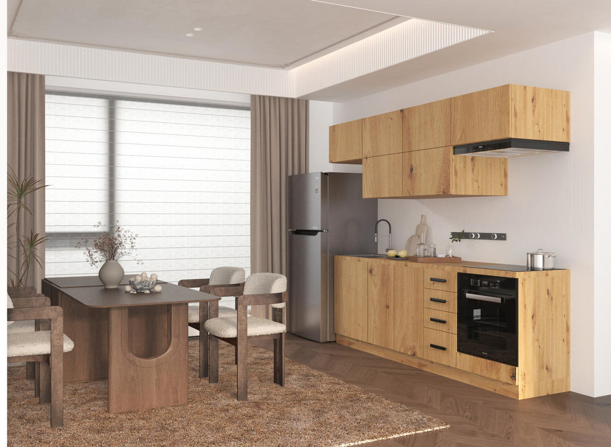 KÜCHENZEILE 240 - Langen KL2-M240 in Artisan Eiche - Schwarz/Eiche Artisan, Holz/Metall (240/212/58cm)