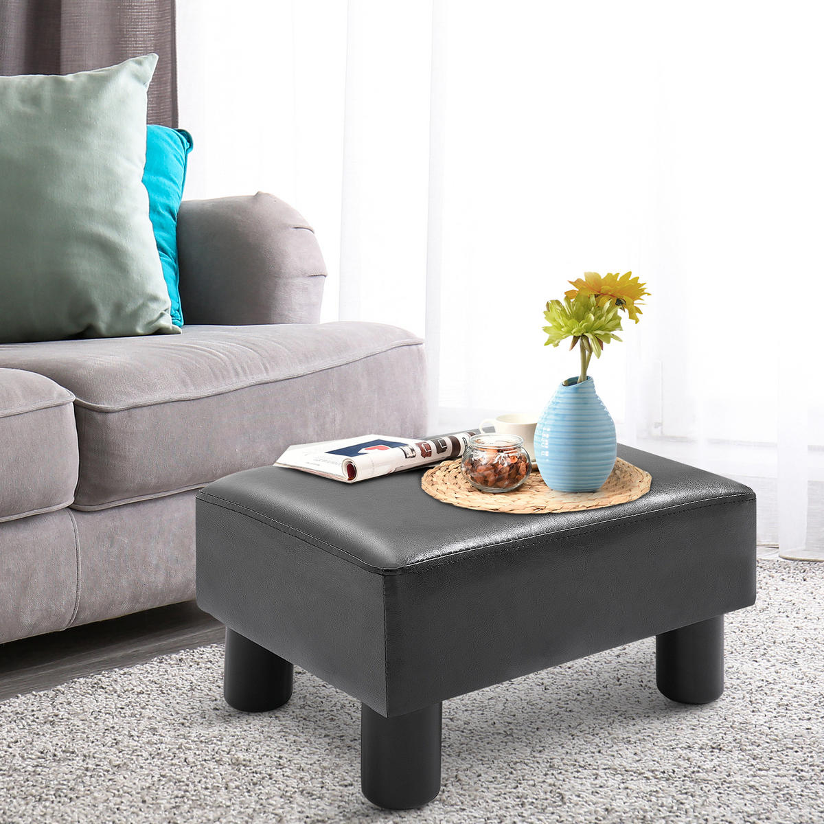 FUSSHOCKER, Beinstütze, Sitzhocker, Schwarz - Schwarz, Leder (30/24/40cm) - HOMCOM