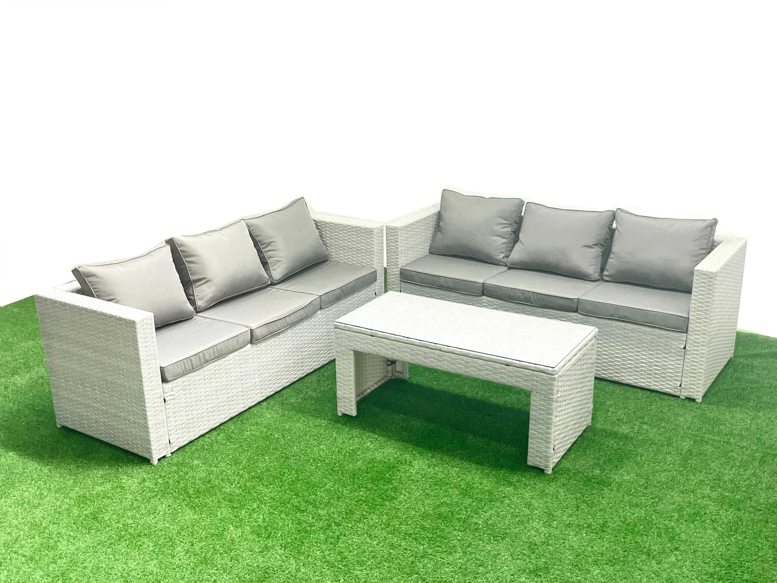 GARTENSOFA hohe Rückenlehne Polyrattan Hellgrau-Mix 6-Sitzer - Hellgrau/Grau, Glas/Kunststoff - Fimous