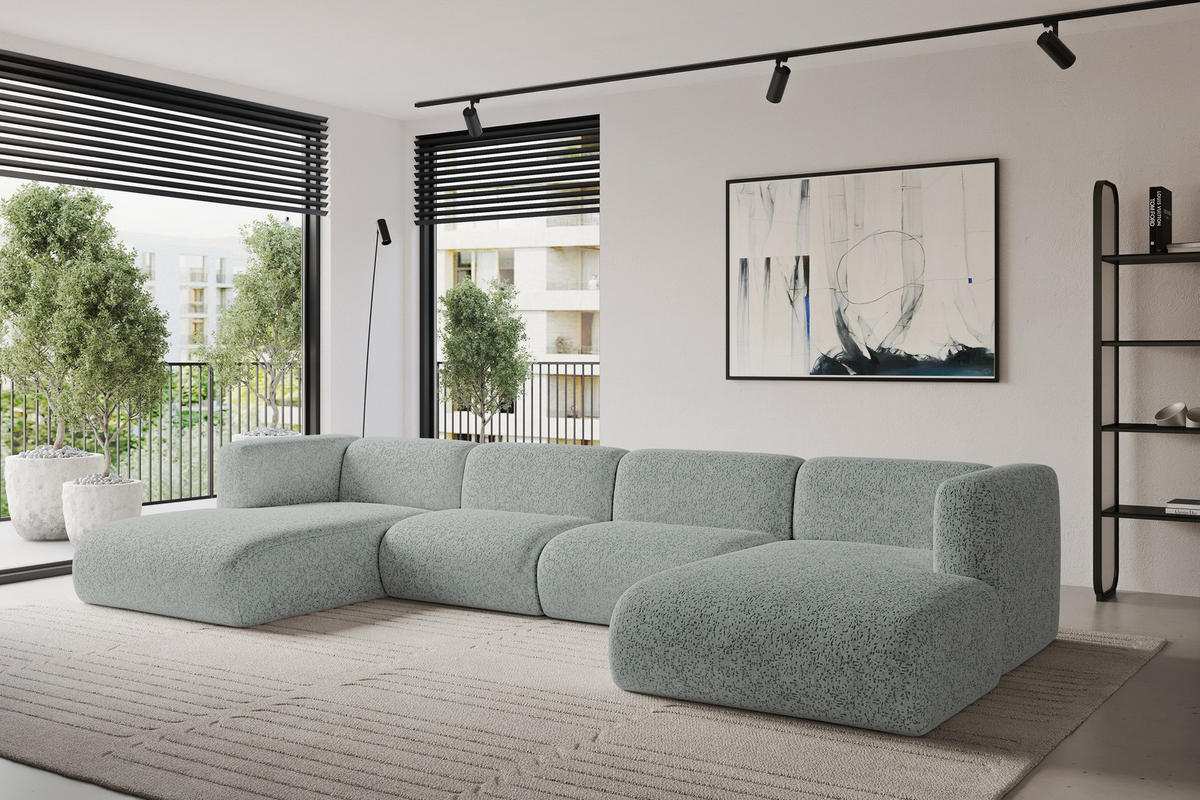 WOHNLANDSCHAFT MIRA-U2 408x179x70 Grün Velours - Schwarz/Hellgrün, Holzwerkstoff/Kunststoff (408/70/179cm) - ALTDECOR