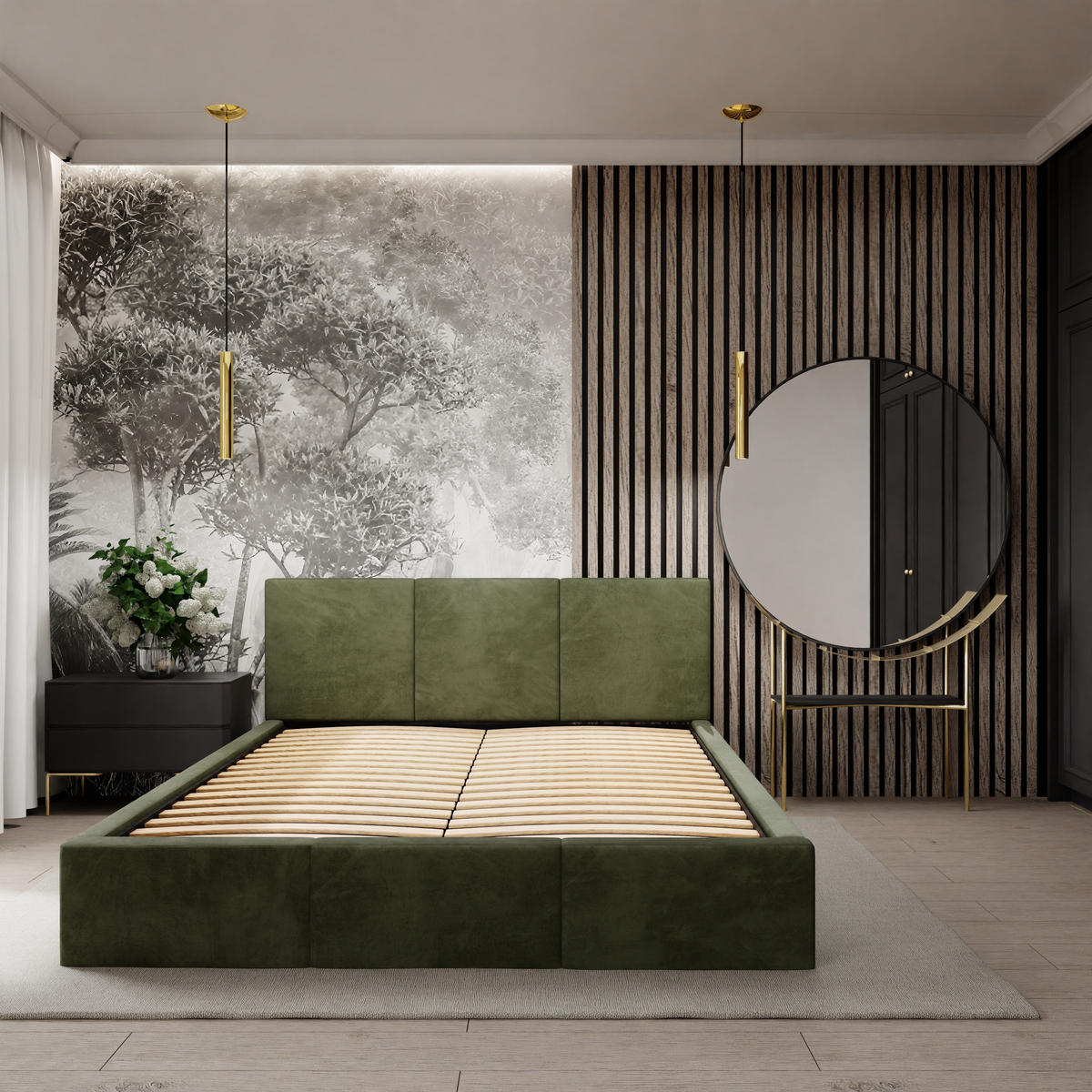 POLSTERBETT mit Stauraum Khaki 120x200cm Kopfteil 88cm - Olivgrün, Holzwerkstoff/Textil (120/200cm) - Muralo