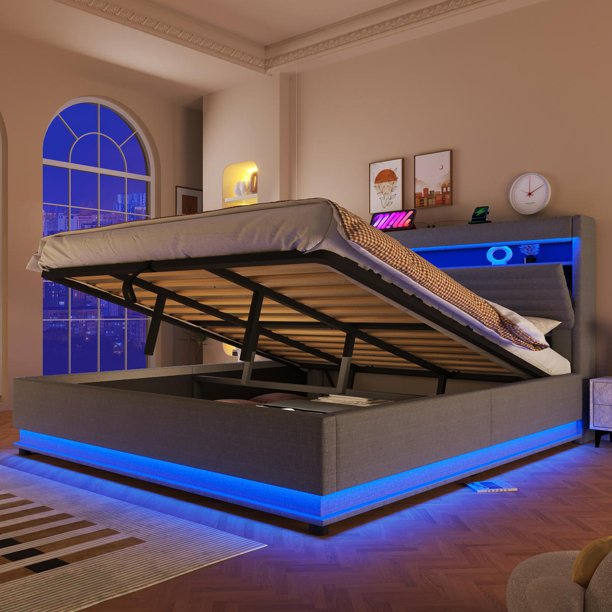 POLSTERBETT 180/200 cm in Grau mit Bettkasten, LED und USB aus Leinen - Grau, Holzwerkstoff/Textil (180/200cm) - STILVORA