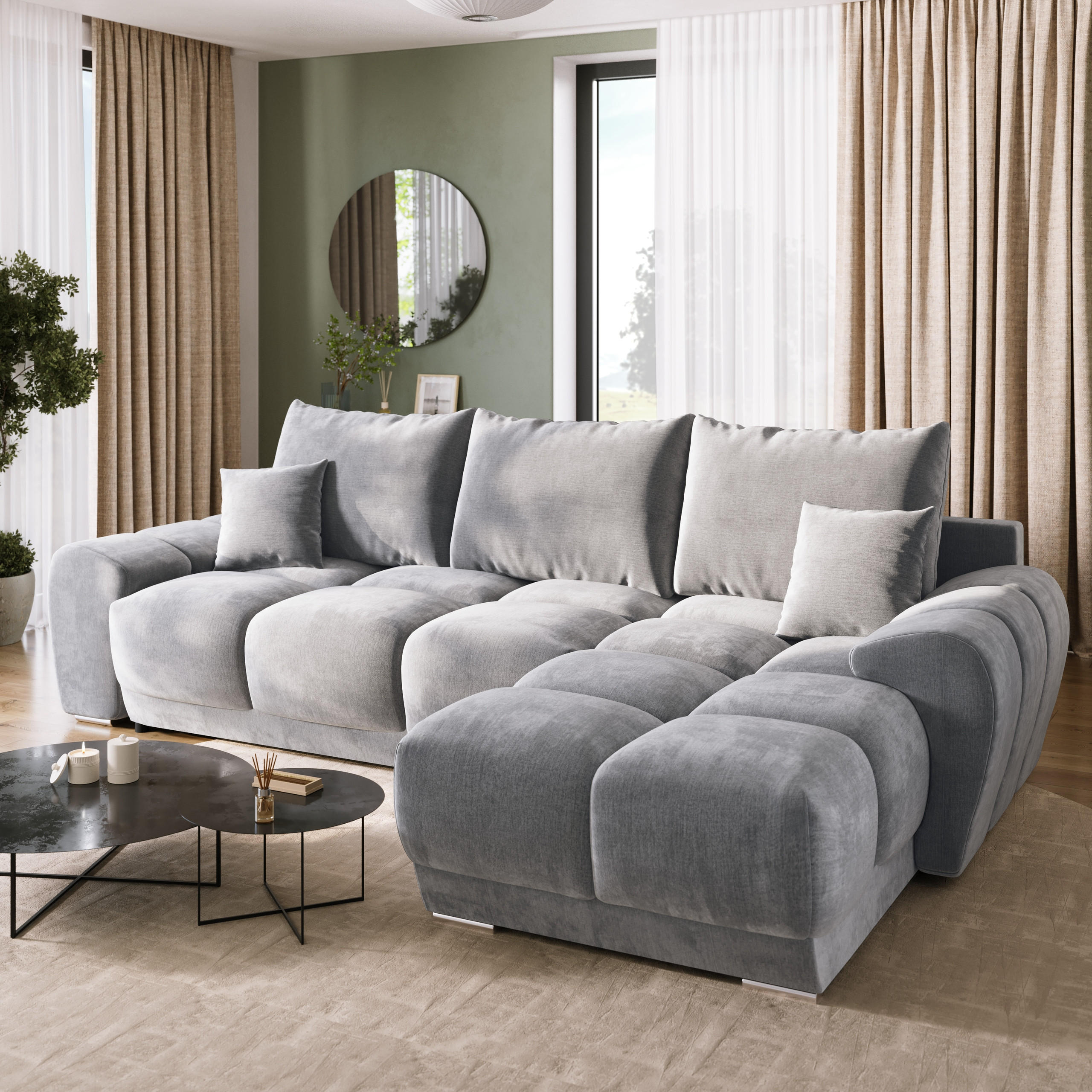 ECKSOFA Nubes mit Schlaffunktion Grau Plüsch - Silberfarben/Grau, Kunststoff/Textil (290/180cm) - Bromarkt