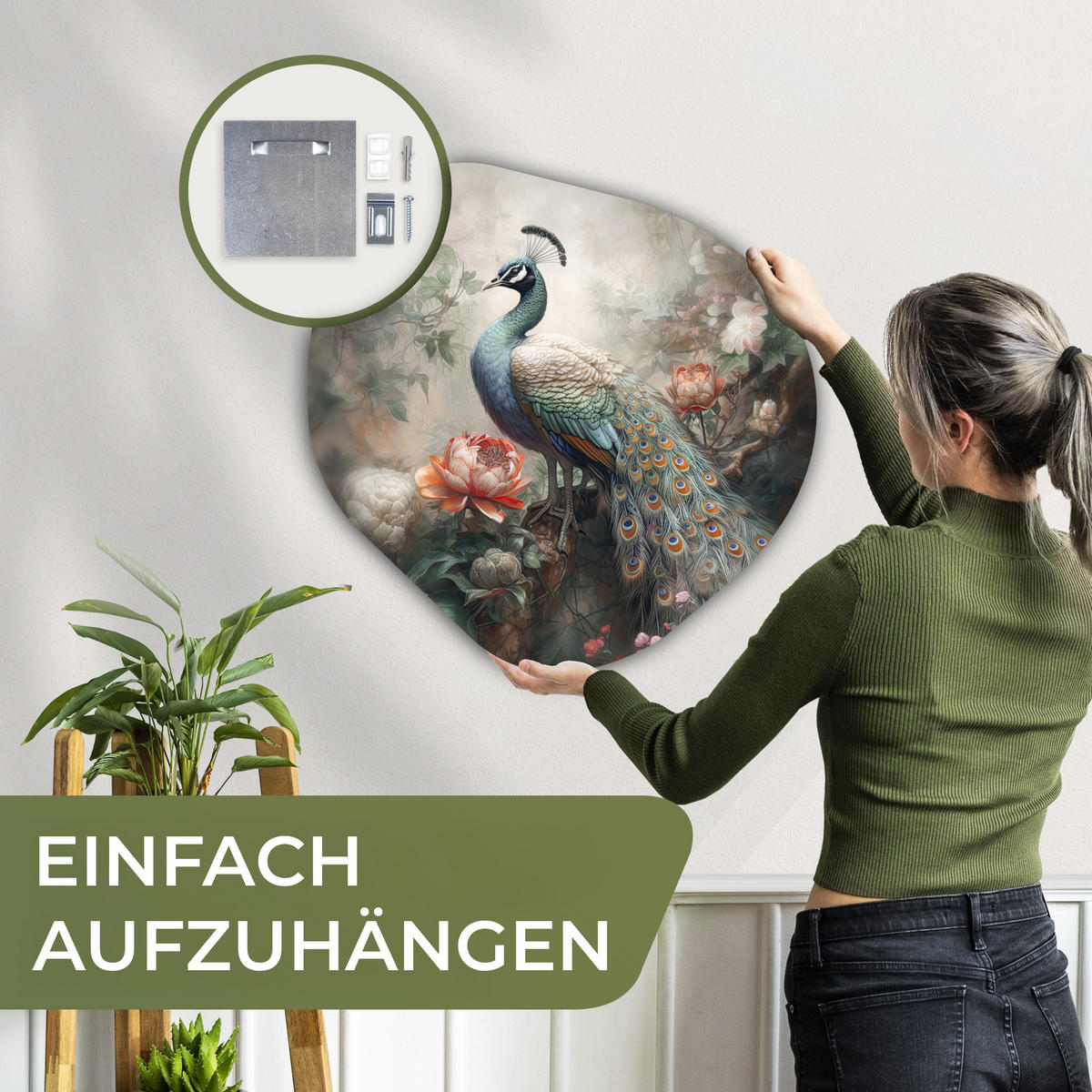 WANDBILD Pfau - Pfauenfedern - Vogel - Dschungel - Blumen 60x60 cm - Smaragdgrün, Kunststoff (60/60cm) - MuchoWow