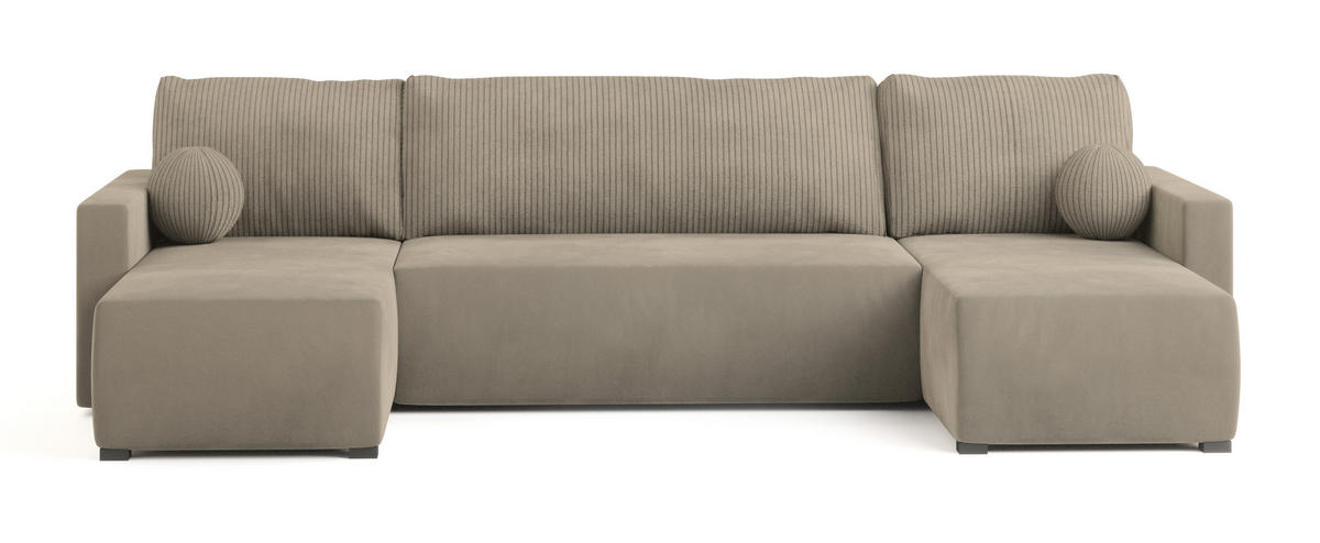 WOHNLANDSCHAFT TESSUN Beige Plüsch-Stoff mit Schlaffunktion - Beige, Holz (286/85/143cm) - MASSENO