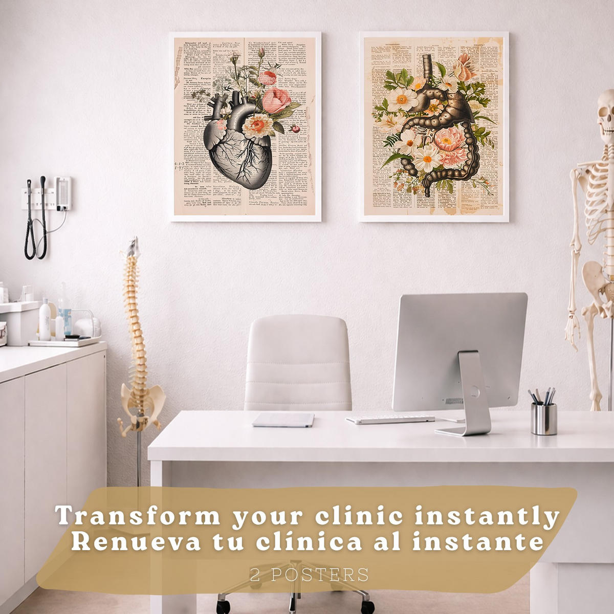 POSTER Set aus 2 Anatomie Mensch Drucke und Wandbilder mit Verdauungssystem Darm und Herz Klassisches Florales Design Größe Weißer Rahmen A4 - Weiß, Papier (21/29.7/3cm) - Nacnic