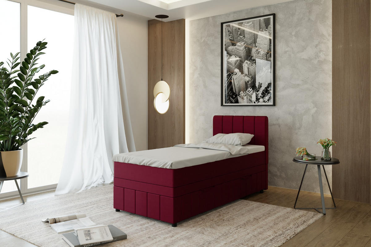 BOXBETT AVALON 90 x 200 cm mit Bettkasten und Topper - Rot - Rot, Holz - Panda Möbel