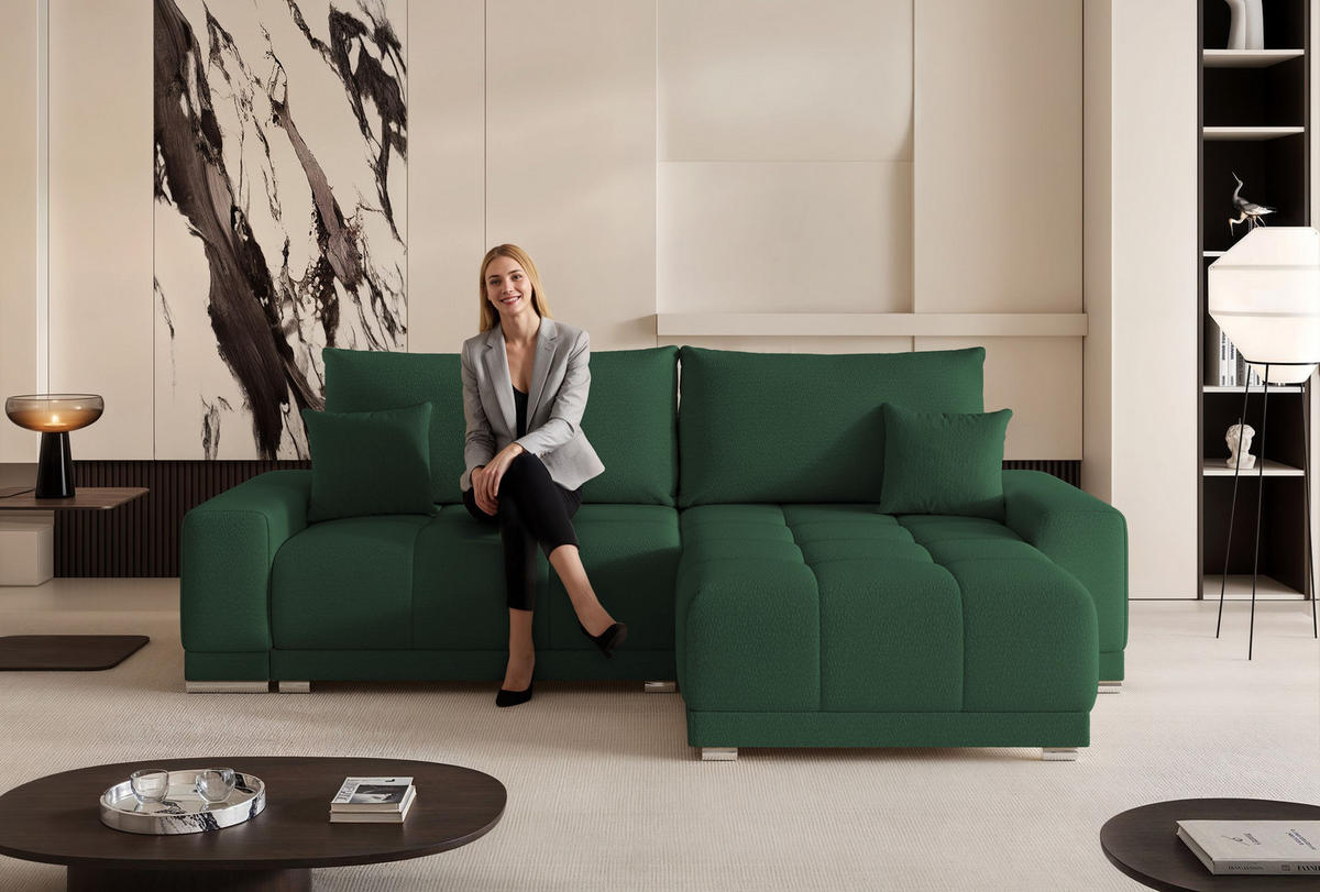 ECKSOFA TARA mit Schlaffunktion und Bettkasten Grün - Grün, Holzwerkstoff/Kunststoff (250/90cm) - Idohome