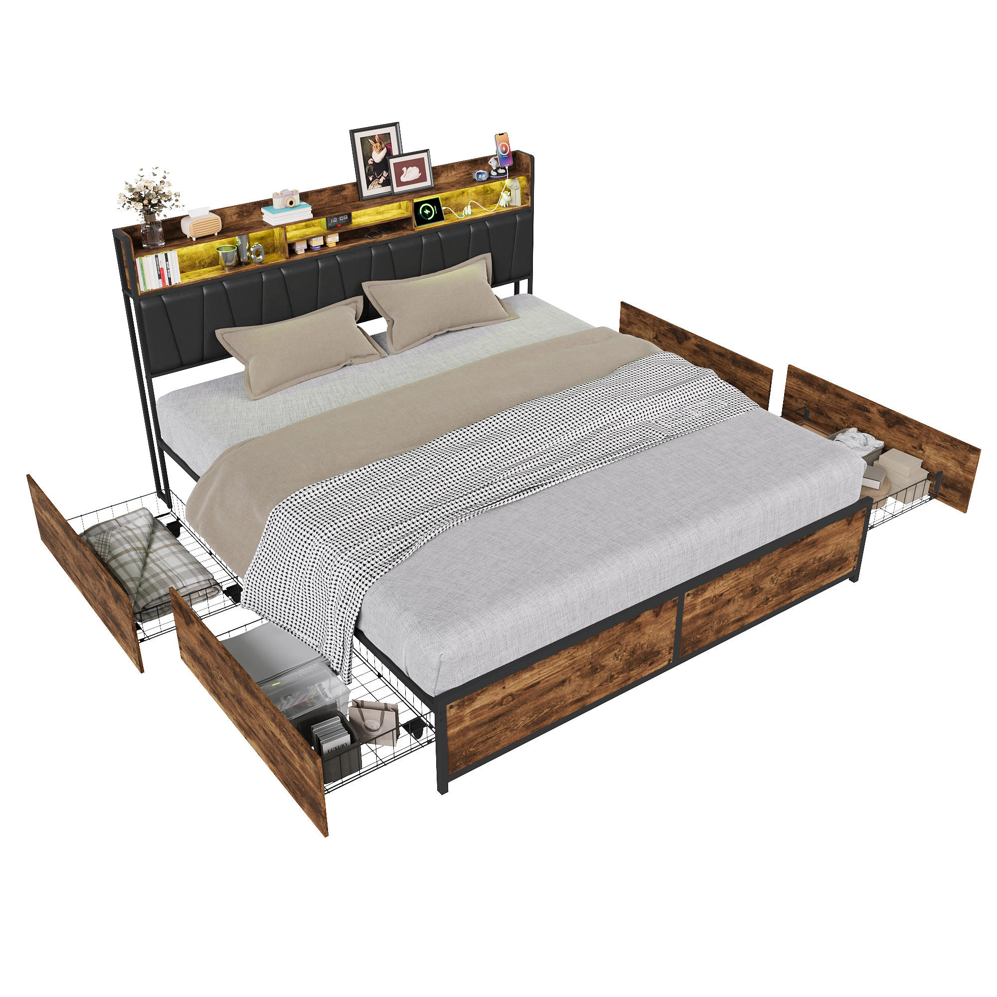 POLSTERBETT 180x200 cm, 4 Stauraumschubladen, LED-Leiste, Doppel-USB, in Braun - Braun, Holz (180/200cm) - BRILVERDE