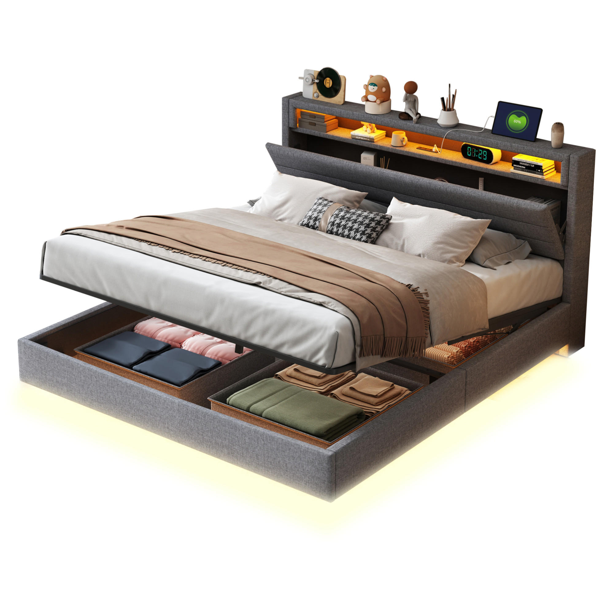 POLSTERBETT mit Bettkasten 160/200 cm mit LED-Beleuchtung und USB-Anschluss - Grau, Textil (160/200cm) - BEAOK