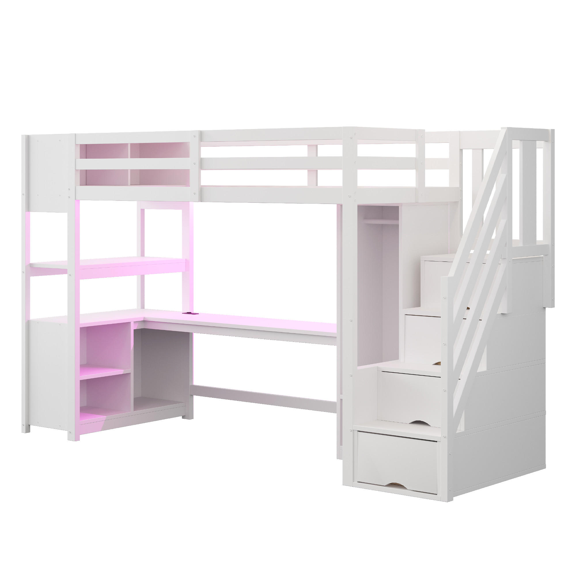 HOCHBETT 90/200 cm DE-01514, in Weiß, mit Kleiderschrank, Schreibtisch und LED-Lichtleiste - Weiß, Holz (90/200cm) - ComfortXL