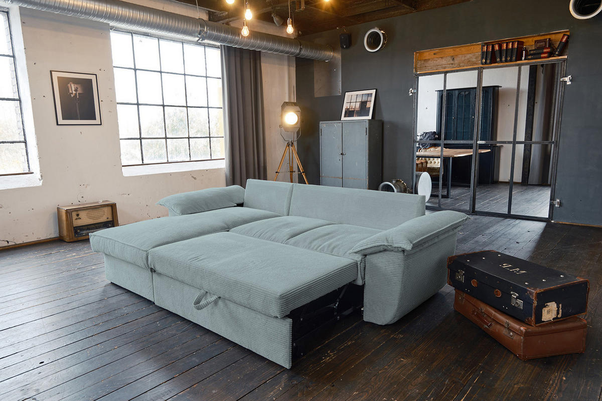 ECKSOFA DAMETO Hellblau Cord - Schwarz/Hellblau, Kunststoff/Textil (266/174cm) - KAWOLA