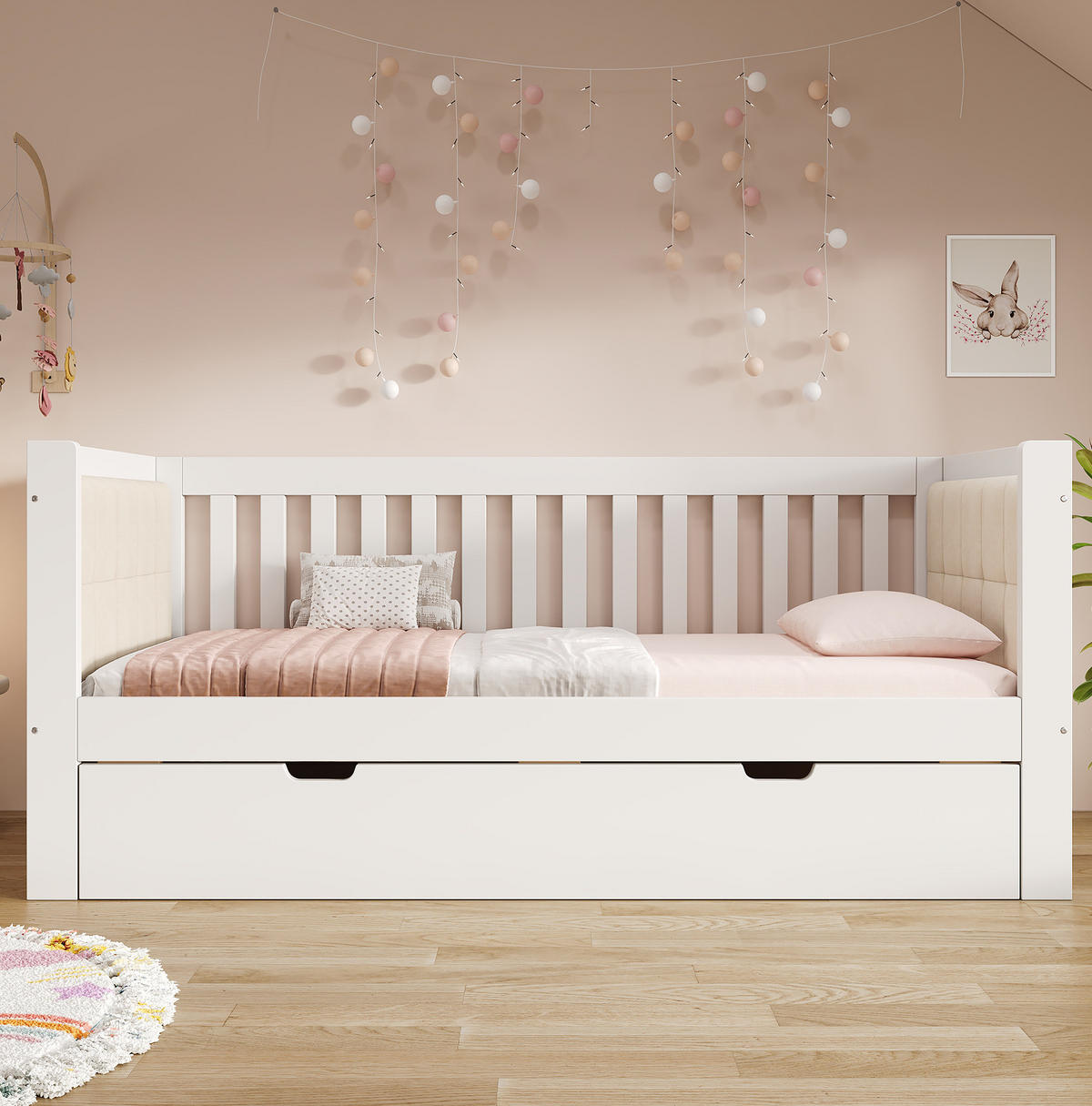 DENNÁ posteľ 90/200 cm biela s výsuvným lôžkom z masívneho dreva - biela, textil (90/200cm) - OKWISH