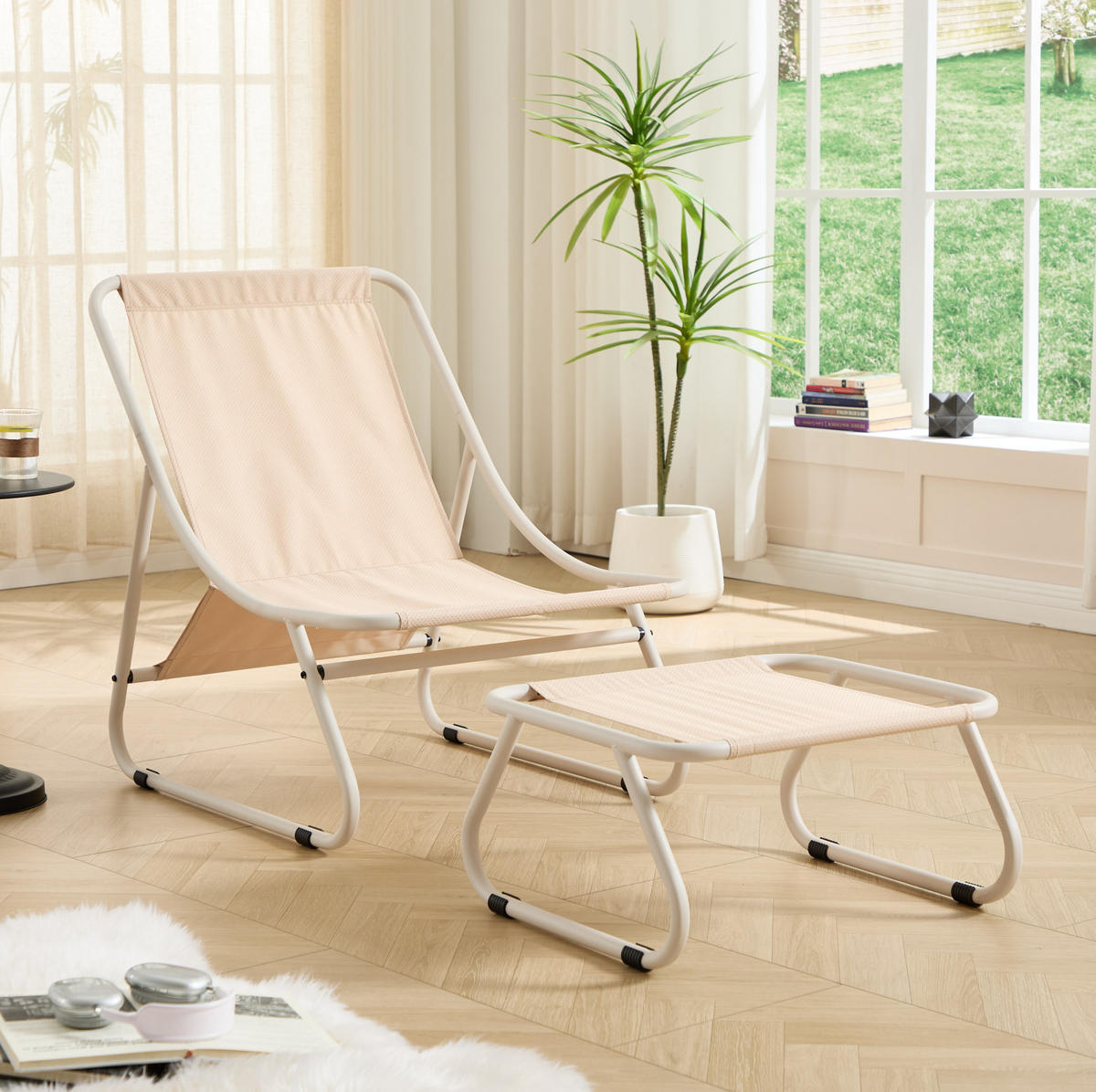 ZAHRADNÍ lounge křeslo 65/78/86 cm béžové z oceli s podnožkou a polstrováním - béžová, kov (78/86/65cm) - OKWISH
