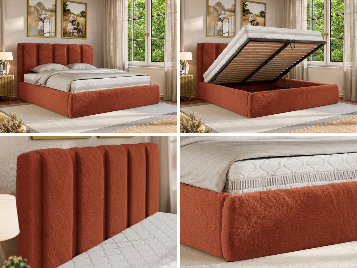 POLSTERBETT SAVINO CLASSIC 160/200 - Orange Plüsch - Pocket-Matratze - Orange, Textil (160/200cm) - MKS