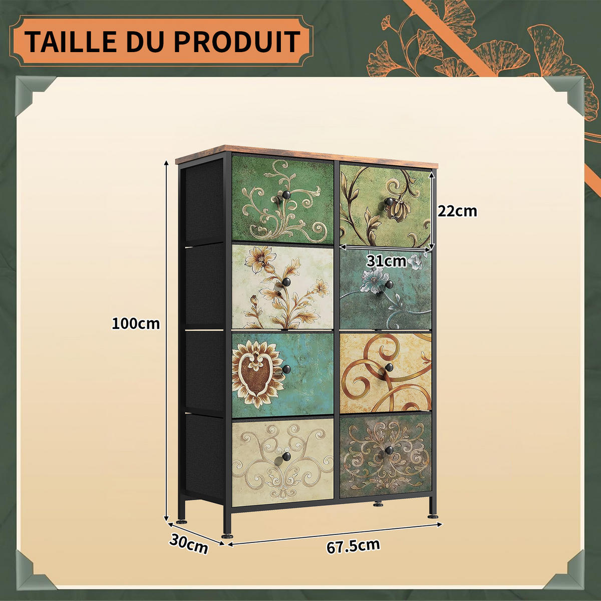 KOMMODE mit 8 Schubladen Metallgestell Stoff Kommode - Multicolor, Holz (30/100/67.5cm)
