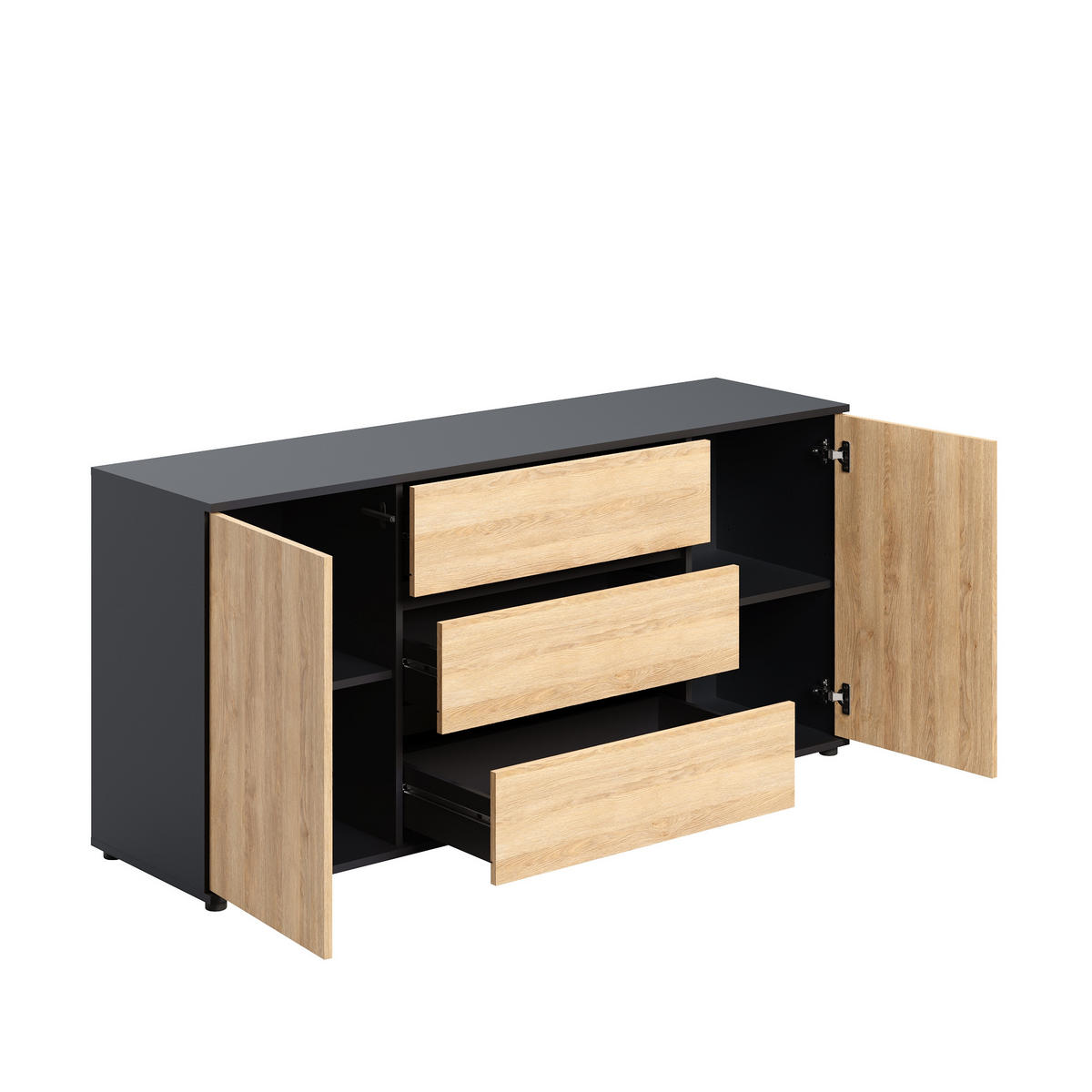 KOMMODE 150 cm Breite mit zwei Türen und drei Schubladen Anthrazit mix Artisan-Eiche - Anthrazit, Holzwerkstoff (150/70/40cm) - Home Collective