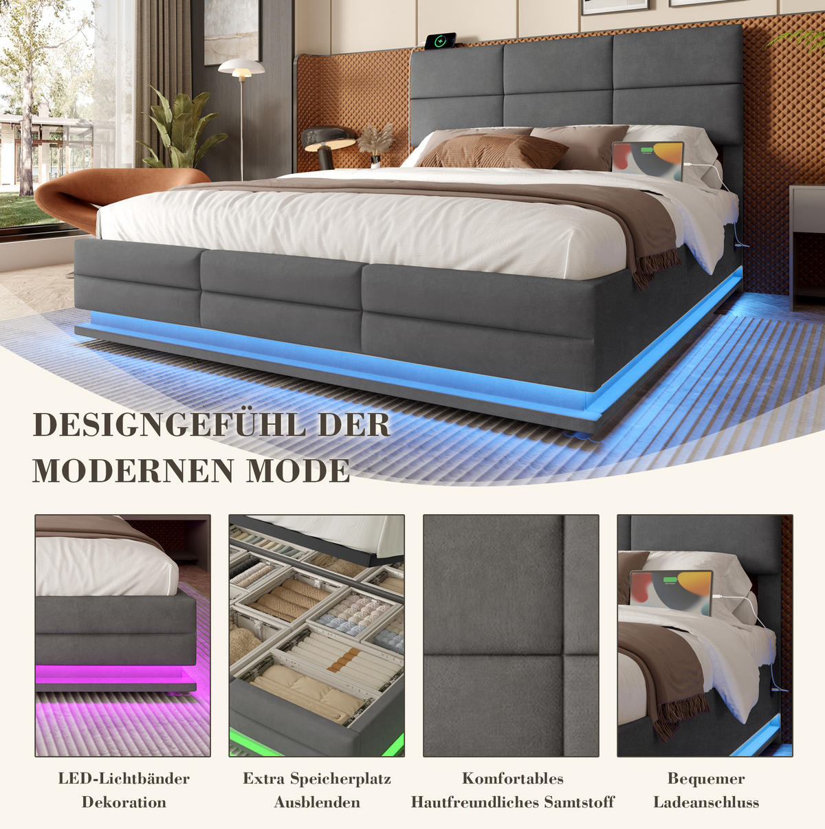POLSTERBETT 160/200 cm aus Samt mit LED-Beleuchtung und Stauraum Dunkelgrau - Dunkelgrau, Textil (160/200cm) - Modenvie