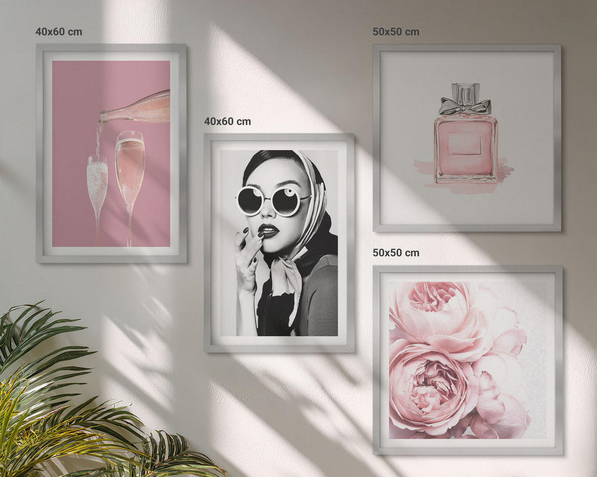 BILDER SET 4er Set - 50x50 cm & 40x60 cm Silberner Rahmen - Stilvolle pinkfarbene Accessoires - Silberfarben, Kunststoff (50/50cm) - TULUP