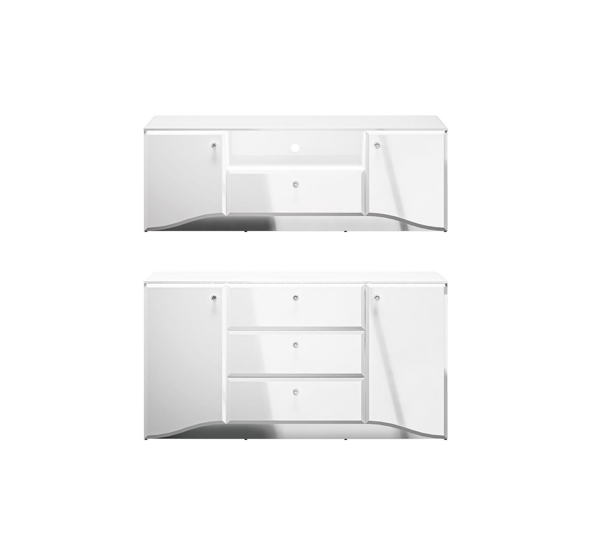 WOHNZIMMER-SET Glamour weiß / weiß hochglanz 2-teilig - Weiß Hochglanz/Weiß, Glas/Holz (320/85/41cm) - Feldmann-Wohnen