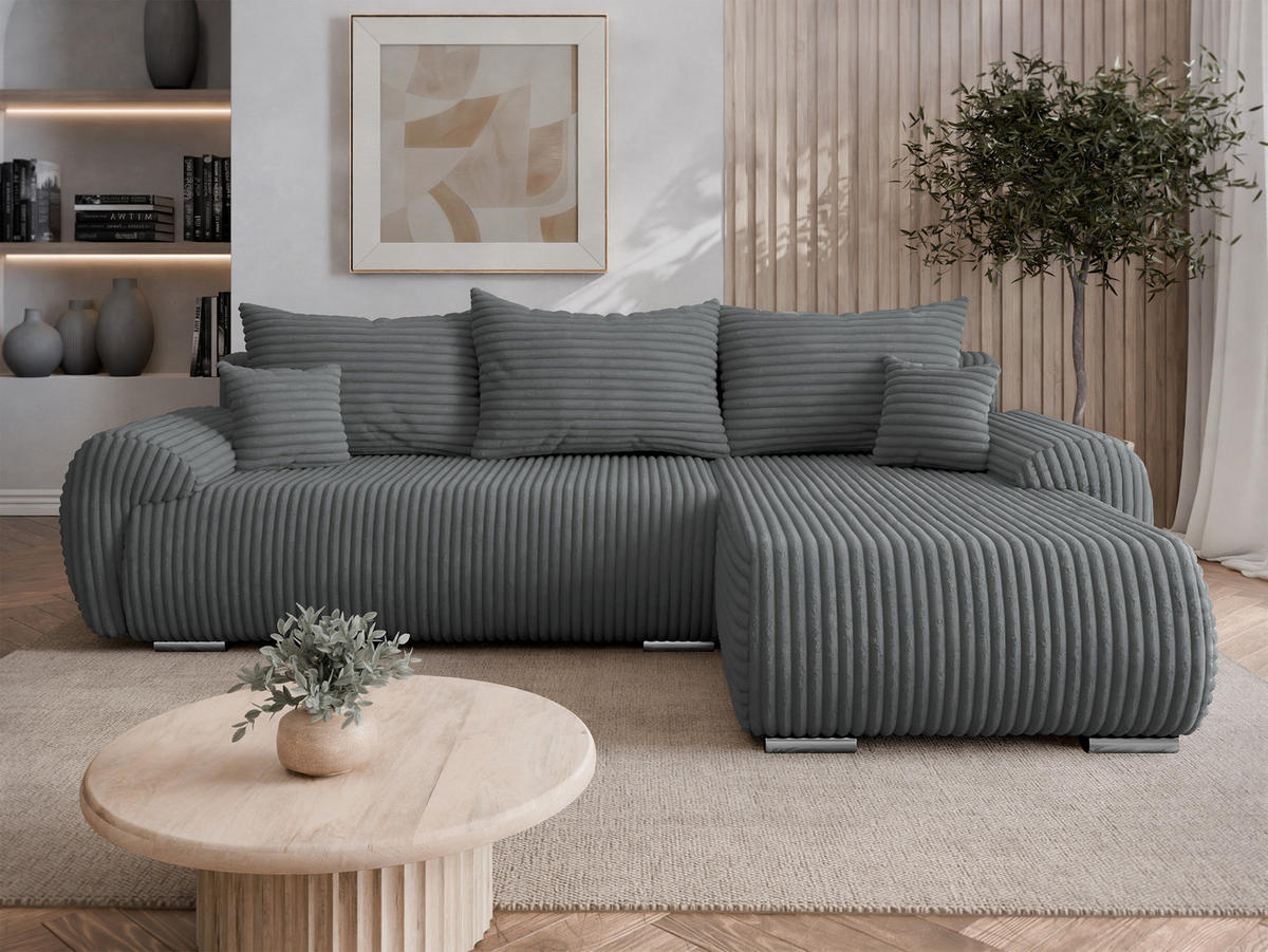 ECKSOFA Ubo L Cord, Seite: Rechts - Dunkelgrau/Silberfarben, Holz/Kunststoff (282/187cm) - MIRJAN24