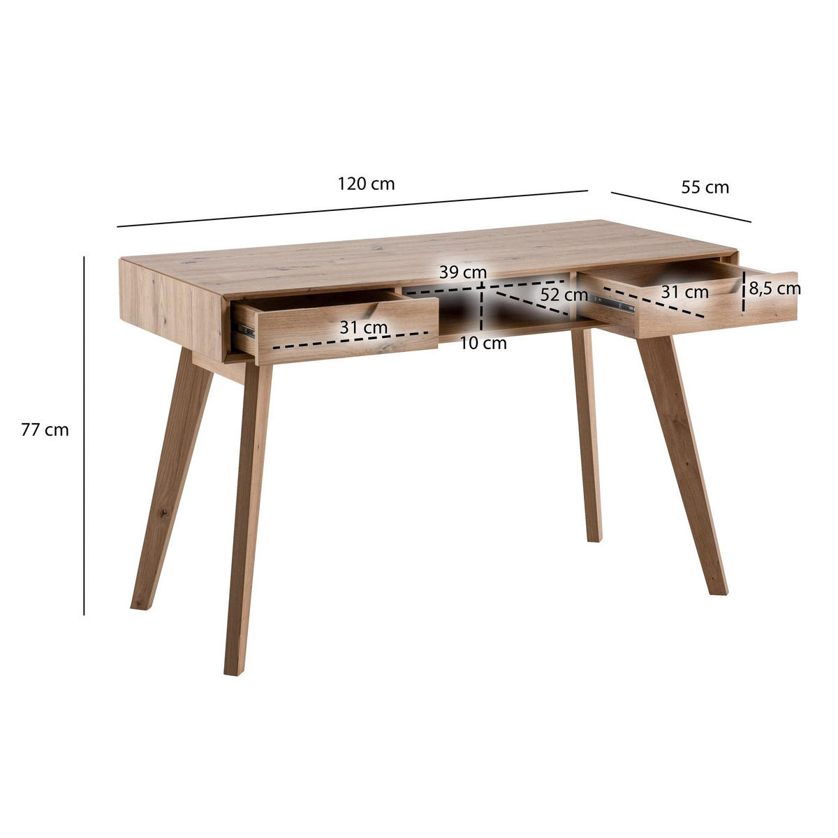 SCHREIBTISCH – 120x55x77 cm, Skandinavischer Stil, 2 Schubladen, Eichenbeine - Beige, Eichenholz/Holz (55/120/77cm) - KADIMA DESIGN