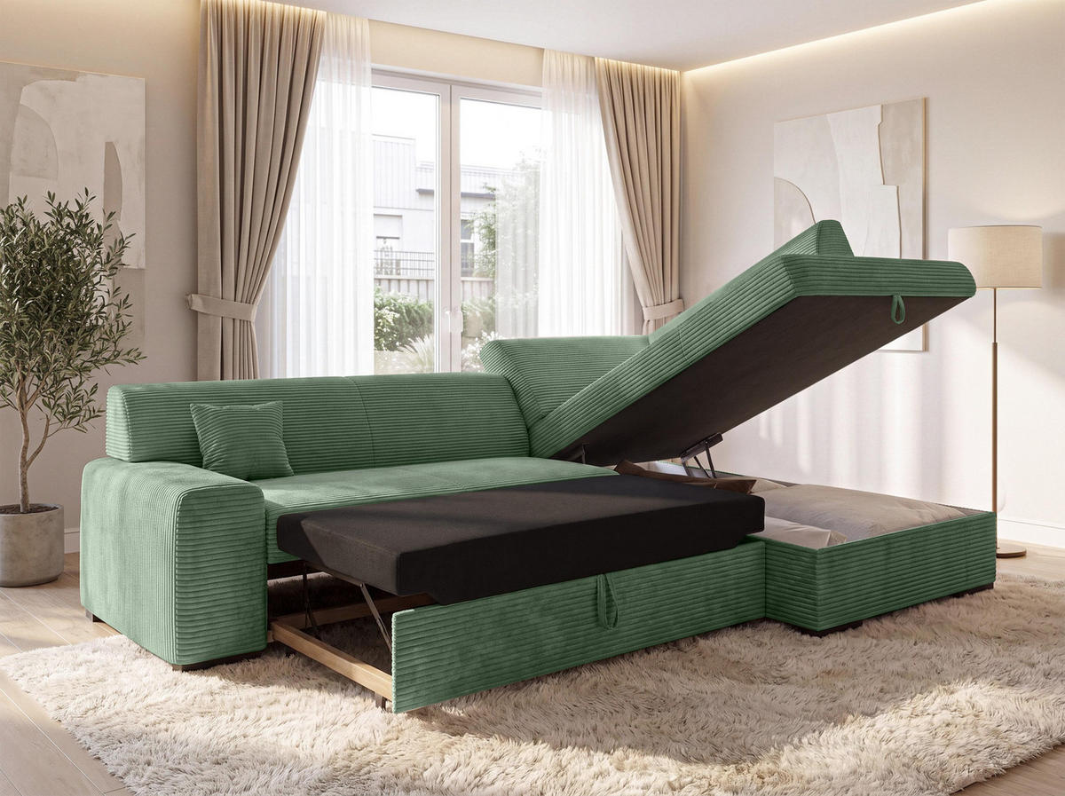 ECKSOFA L Form Minosa Salbeigrün 260/175/71 cm Rechts mit Schlaffunktion - Salbeigrün/Schwarz, Kunststoff/Textil (175/260cm) - AX Living