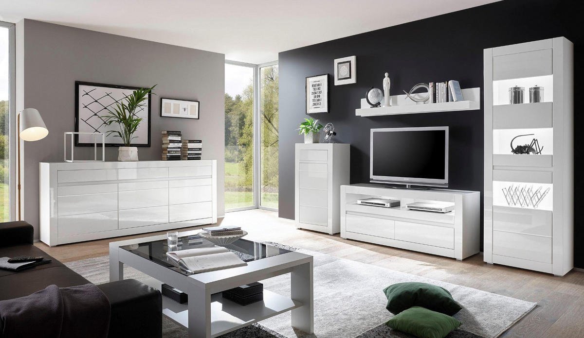 KOMMODE Hochglanz weiß Stone Design grau, 66 x 112 cm - Weiß Hochglanz/Weiß, Holzwerkstoff (66/112/35cm) - Furn.Design