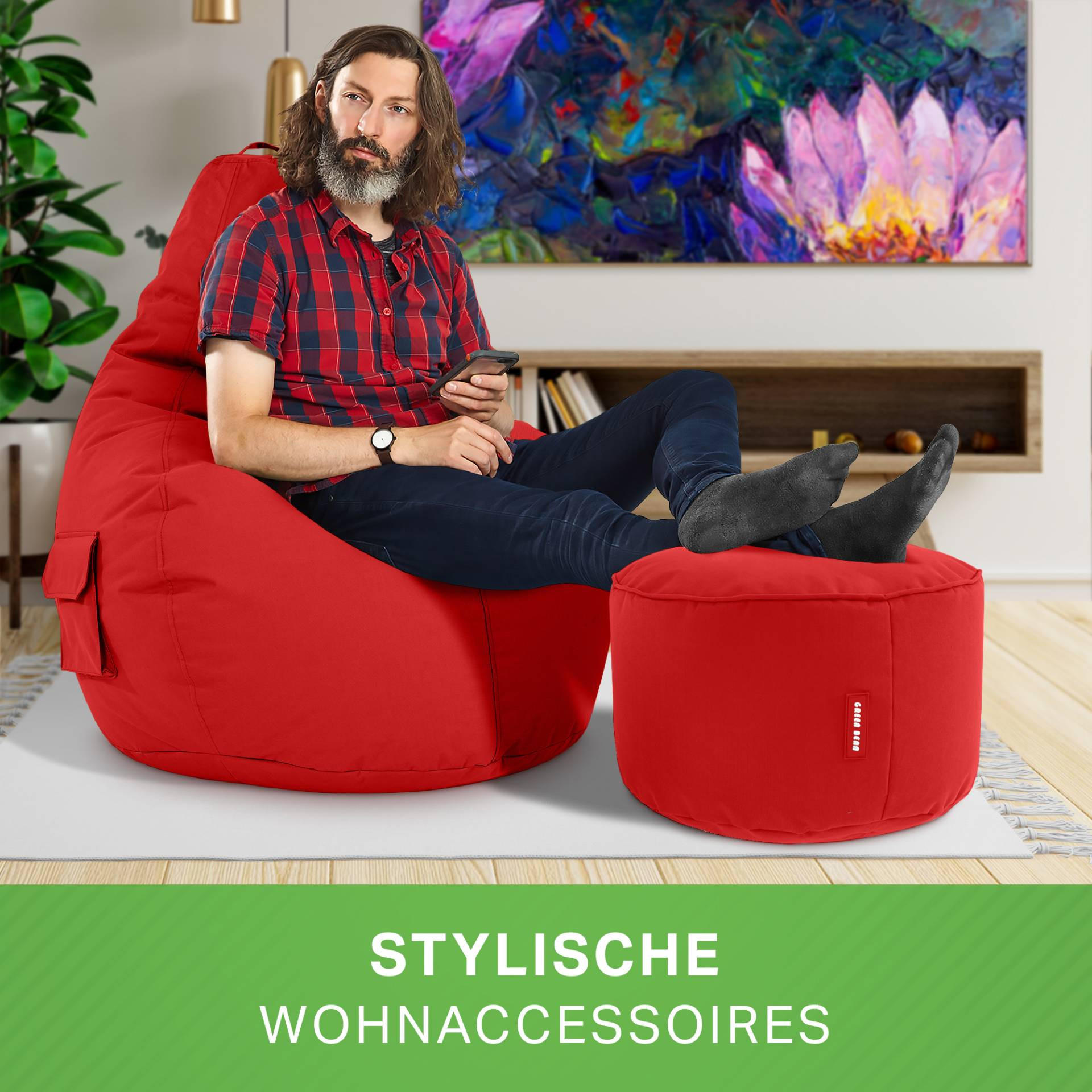 SITZSACK + Hocker "Cozy+Stay" 2er Set - Rot, Textil (70/90/80cm) - Green Bean