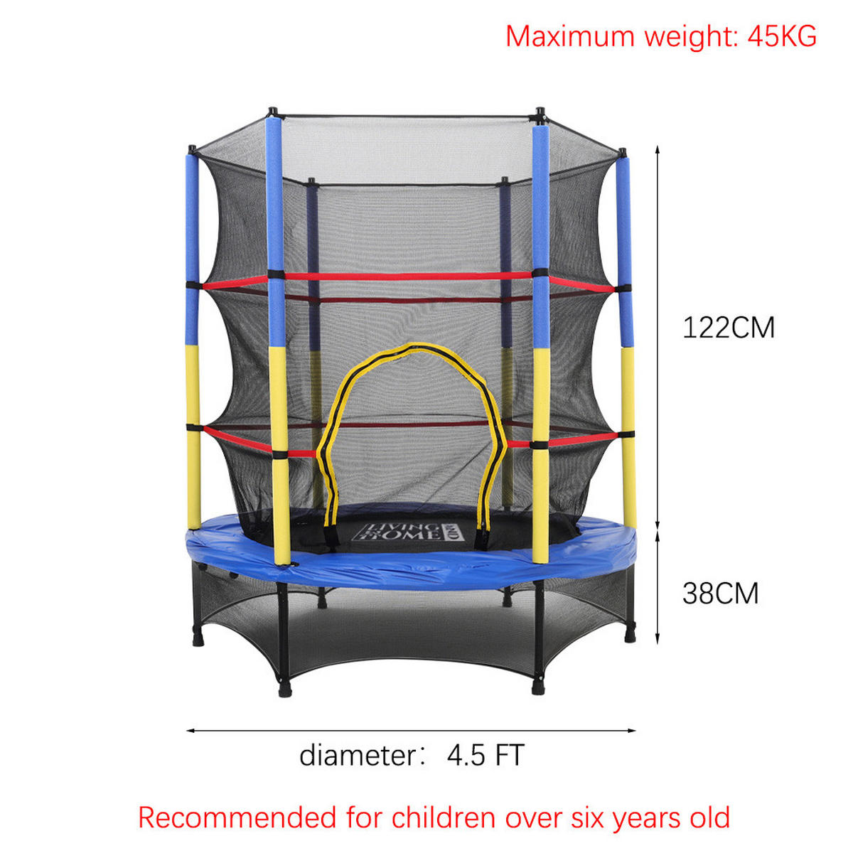 TRAMPOLIN mit Sicherheitsnetz aus Stahl, PP, EPE, Gummiseile in Blau + Gelb + Schwarz für Kinder 137.16 cm Durchmesser x 160 cm Höhe - Schwarz, Metall (137/137/160cm) - Livingandhome