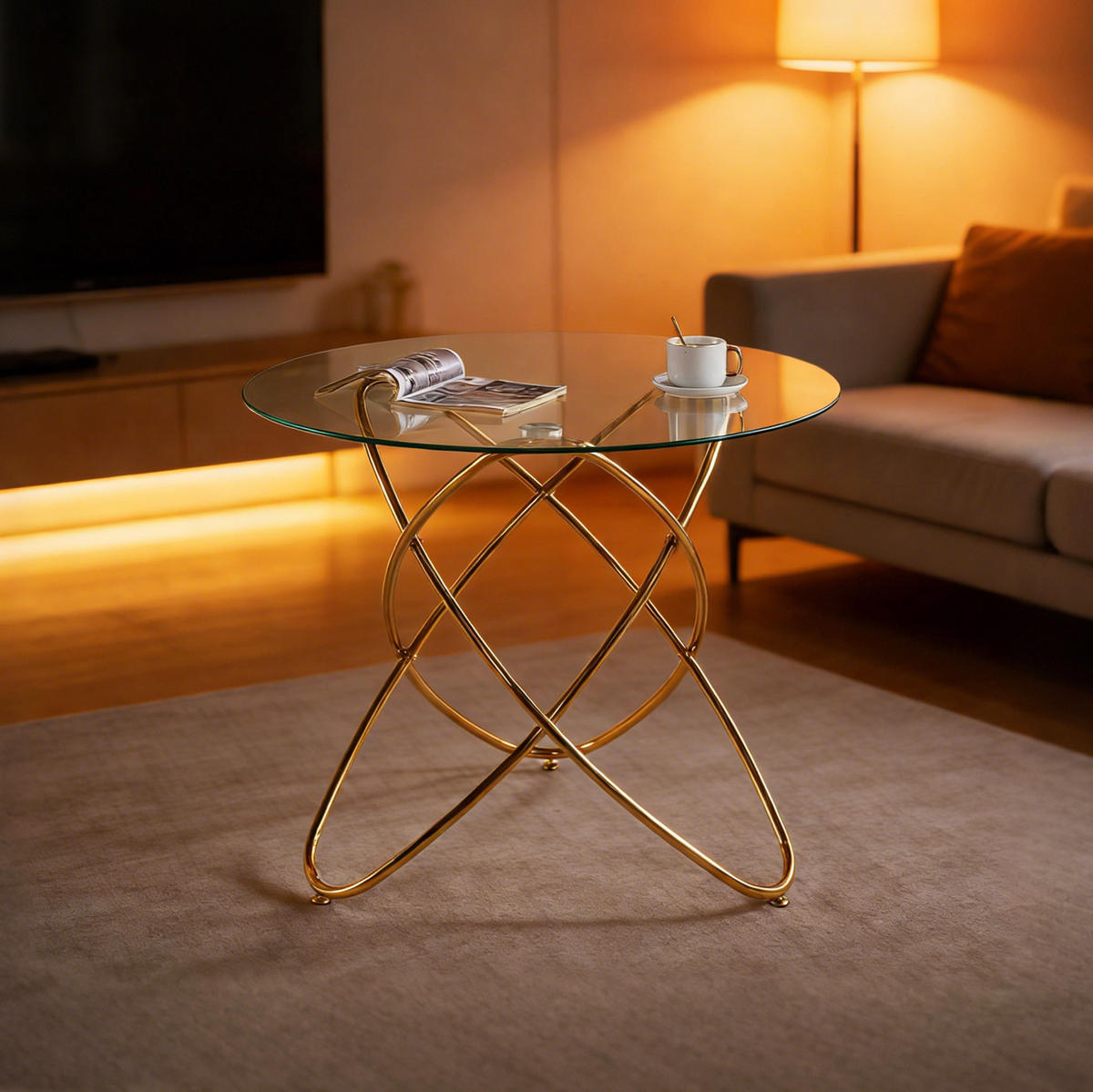 ESSTISCH in Gold mit Glasplatte und Metallgestell,80/80/75 cm - Goldfarben, Metall (80/80/75cm) - Flora Grace