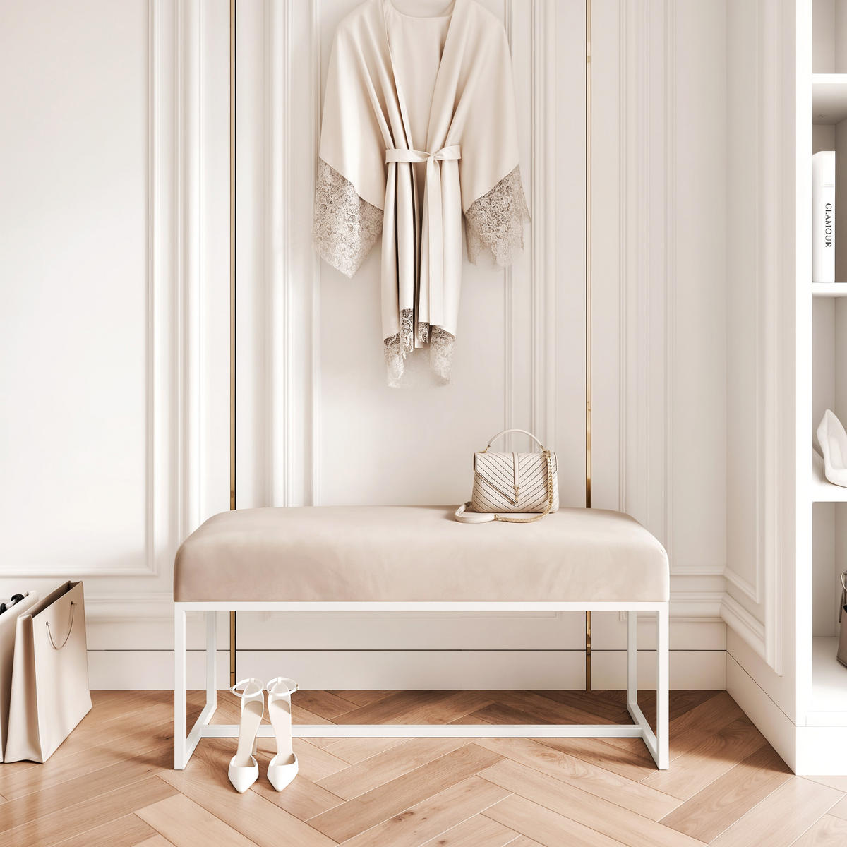 POLSTERBANK MUSE 90 cm Weiß / Beige ,Metallgestell - Beige, Metall (90/47/30cm) - Idohome