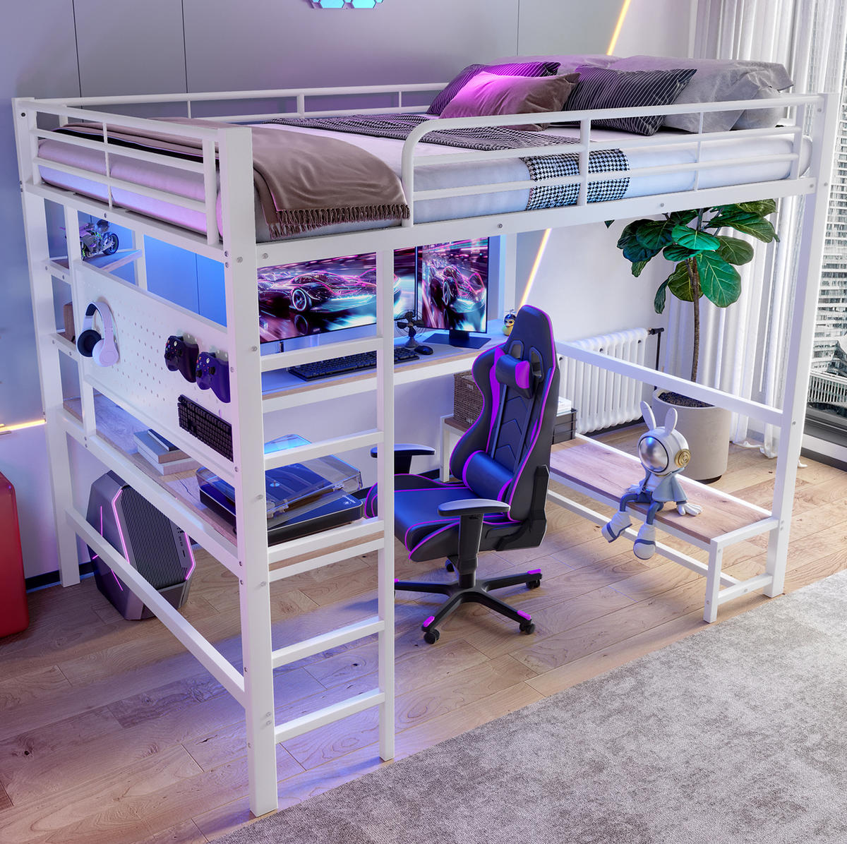 HOCHBETT 140/200 cm in Weiß mit Schreibtisch, Regalen und LED - Weiß, Metall (140/200cm) - BEAOK